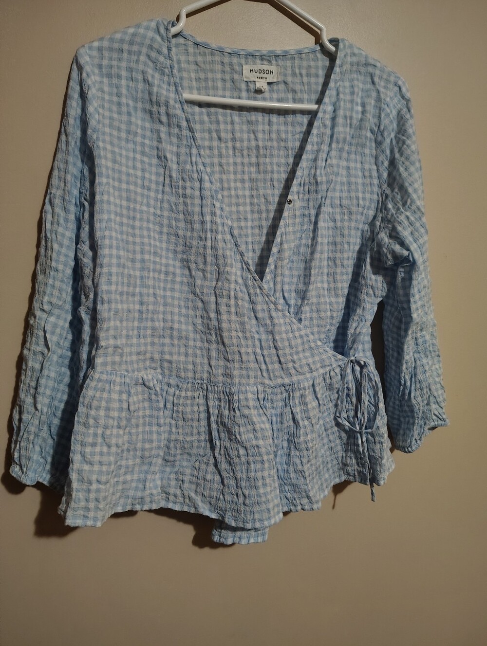 Hudson Light Blue Gingham Wrap Peplum Blouse